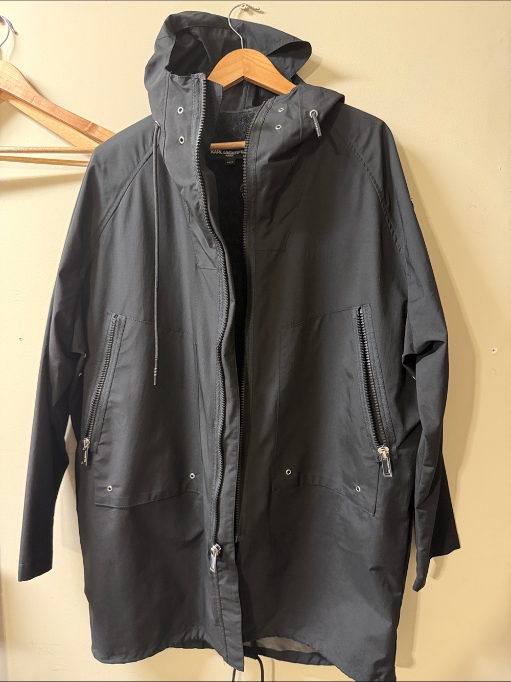 Karl Lagerfeld Black Hooded Raincoat Size M
